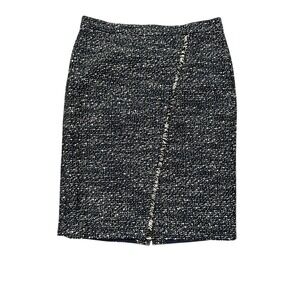 J.Crew Navy Blue White Tweed Fringed Pencil Skirt Metallic Boucle Size 12